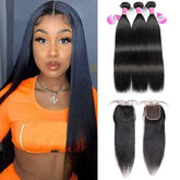 Brazilian Straight Virgin Human Hair 3 Bundles with 4*4 Lace Closure - MeetuHair
